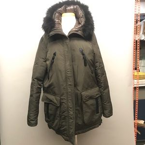 Derek Lam Crosby olive green faux fur parka L